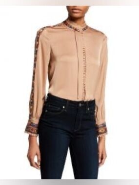 Kobi Halperin Embroidered Silk Blouse Mock Neck Ruffle XXL